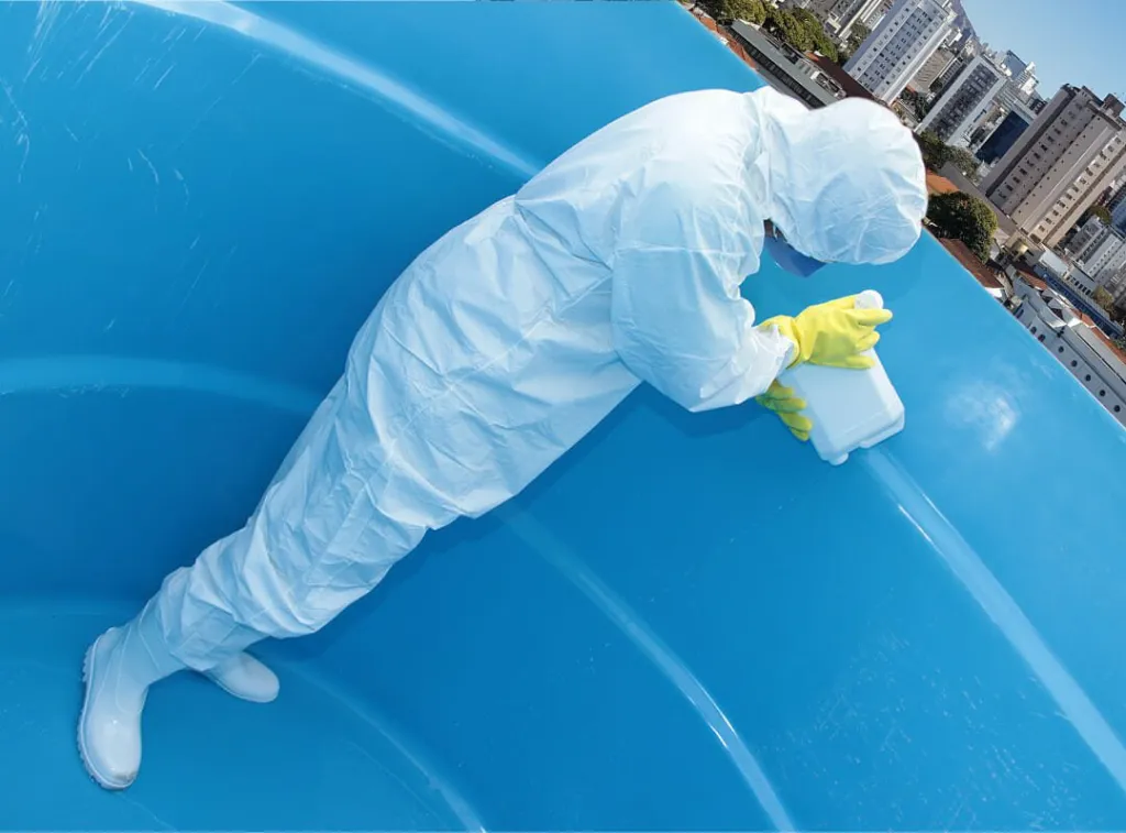 Profissional realizando a limpeza e higienização de uma caixa d'água