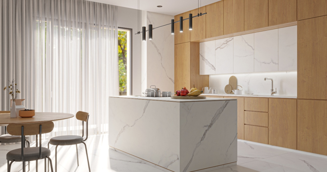 Porcelanato em uma cozinha americana moderna